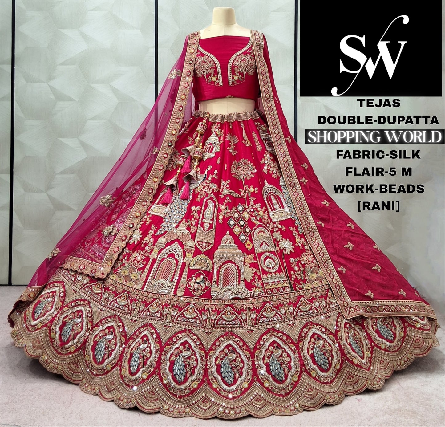 Rust Orange Peacock Silk Double Dupatta bridal Lehenga - Shopping World