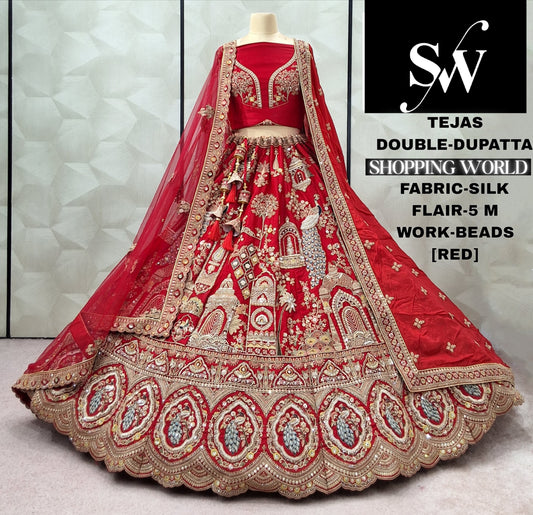 Rust Orange Peacock Silk Double Dupatta bridal Lehenga - Shopping World