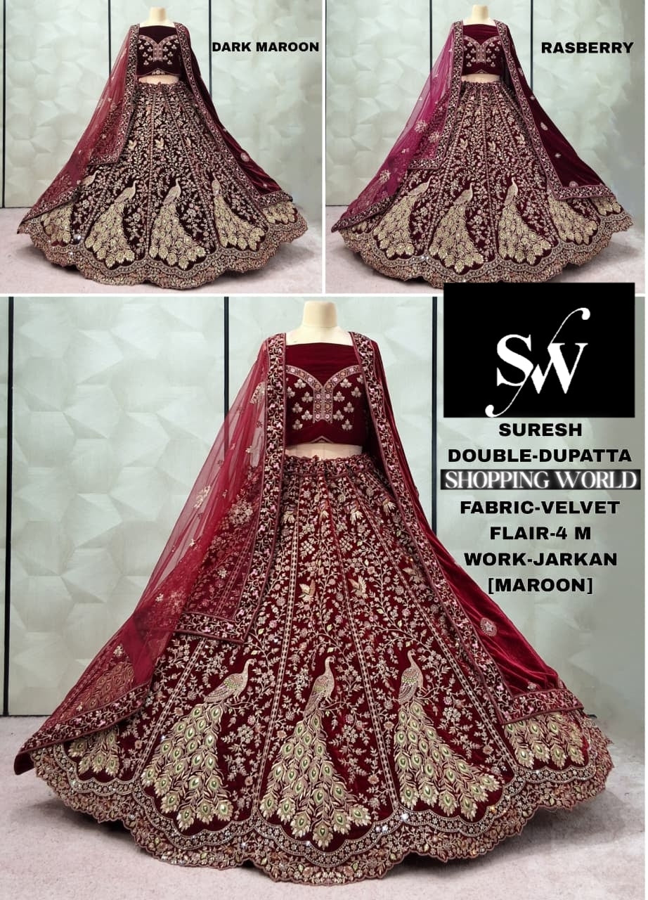 Maroon Dark Maroon Raspberry Peacock Velvet Double Dupatta bridal Lehenga - Shopping World