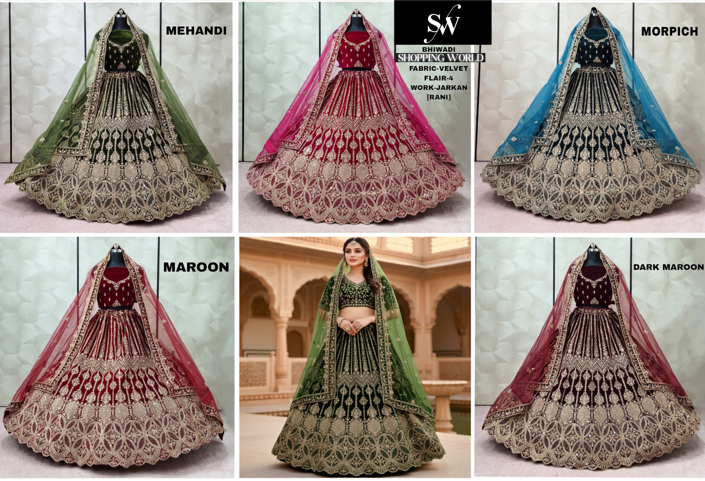 Maroon Mehendi green Rani pink morpich blue Dark maroon Velvet bridal Lehenga - Shopping World