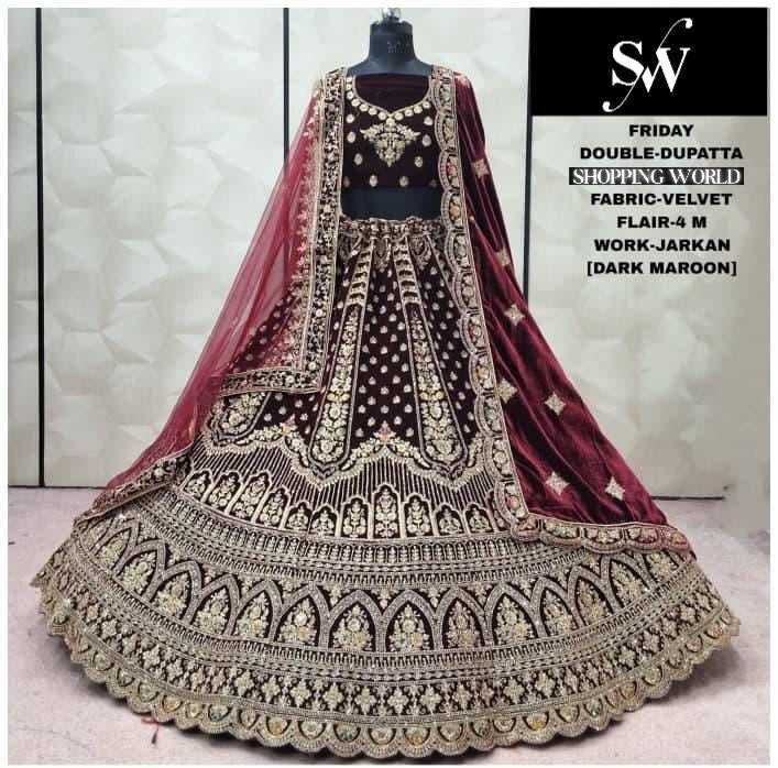 Dark maroon Velvet Double Dupatta bridal Lehenga - Shopping World