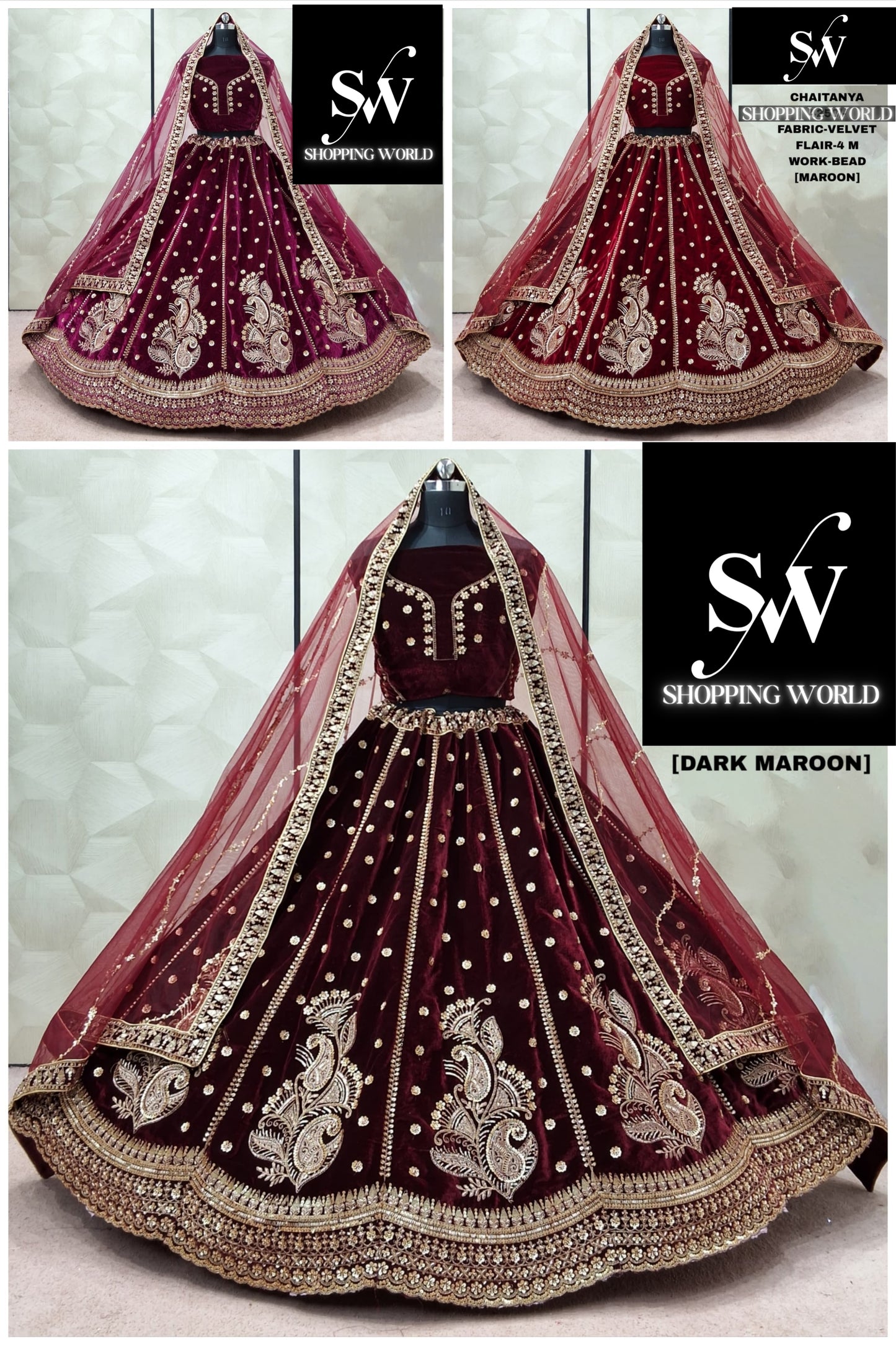 Dark maroon maroon Raspberry Velvet Peacock bridal Lehenga - Shopping World