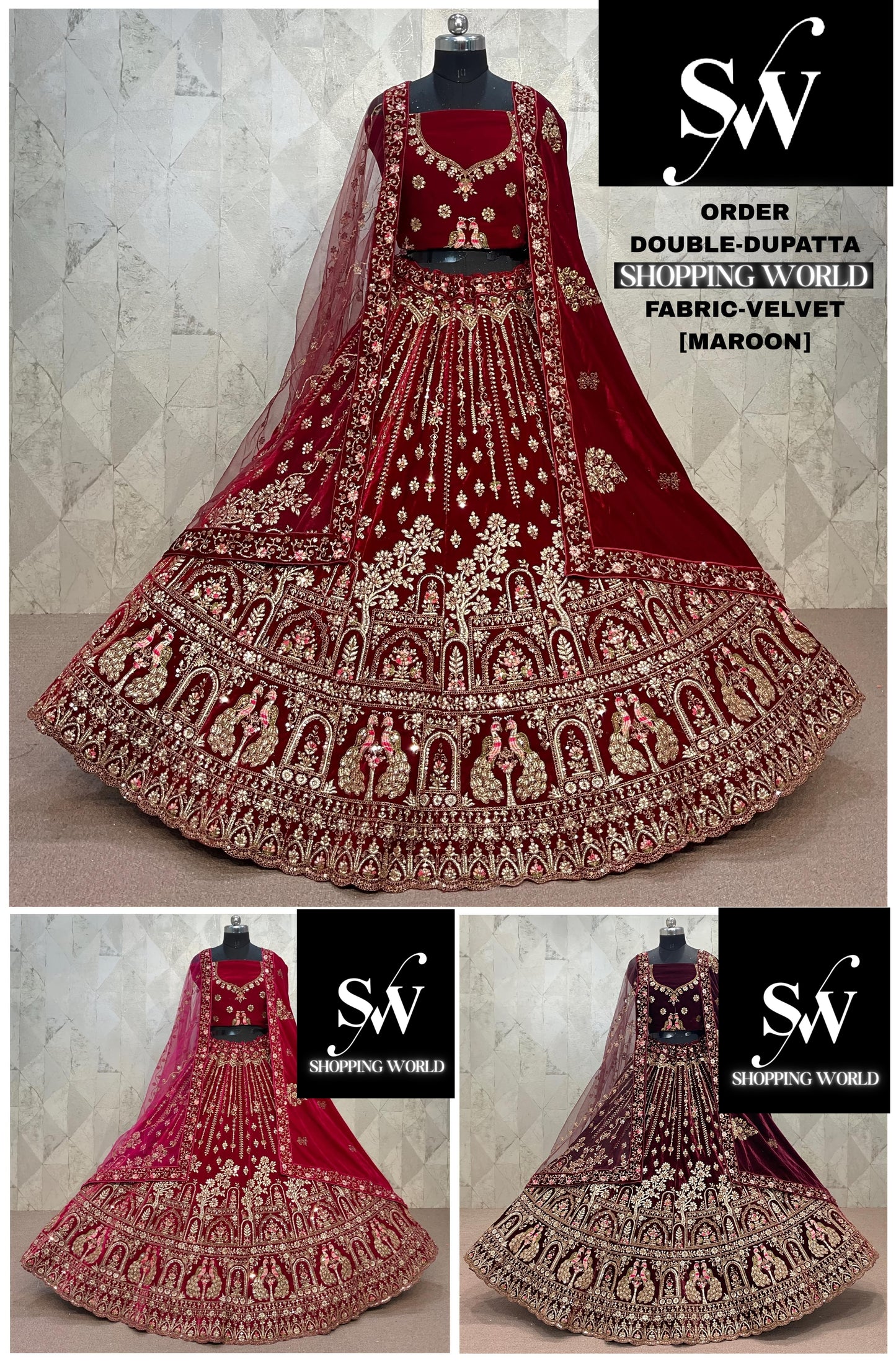 Rani pink Maroon Dark Maroon Velvet Peacock Double Dupatta bridal Lehenga - Shopping World