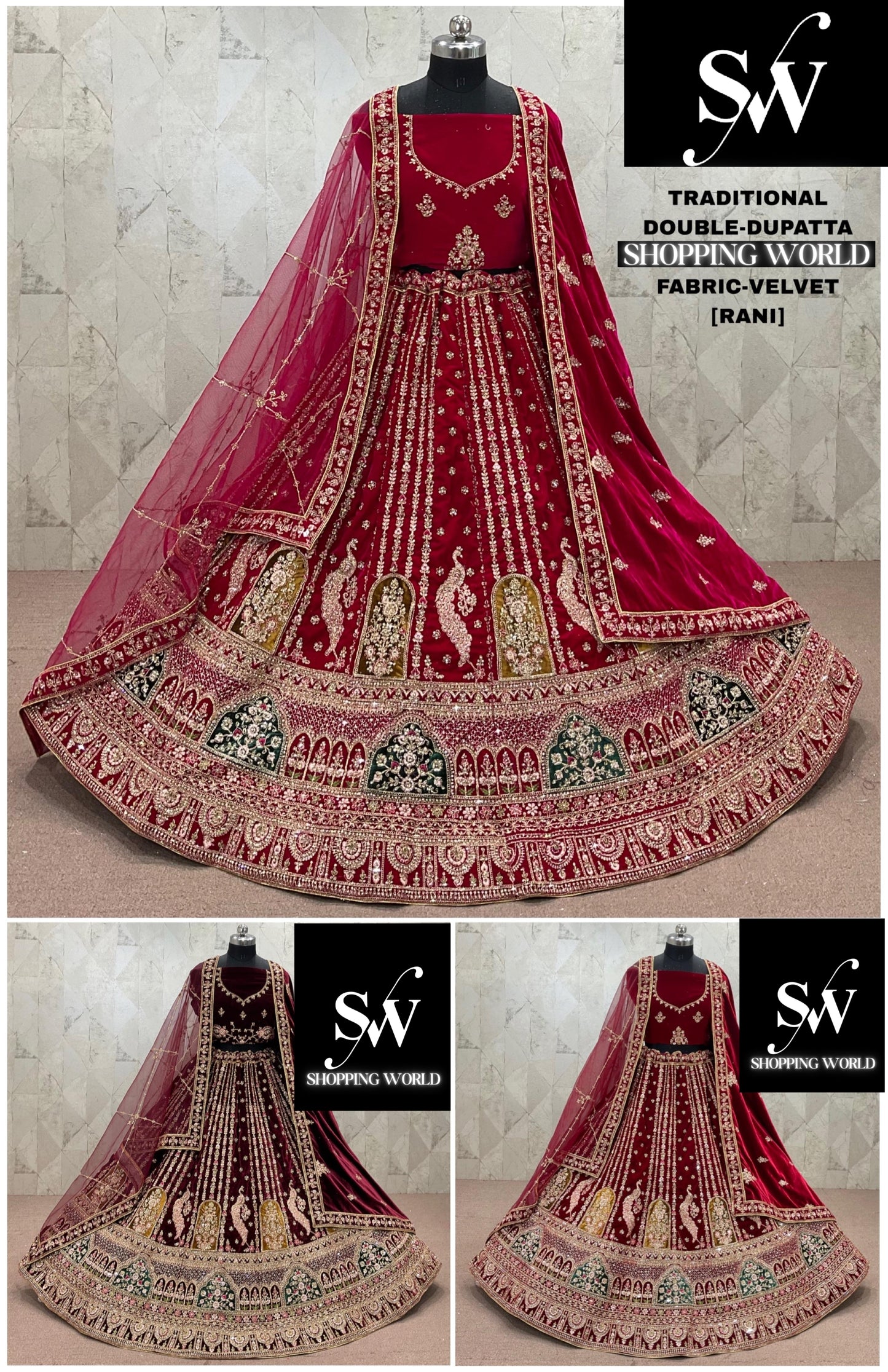 Rani pink Maroon Dark Maroon Peacock Velvet Double Dupatta bridal Lehenga - Shopping World