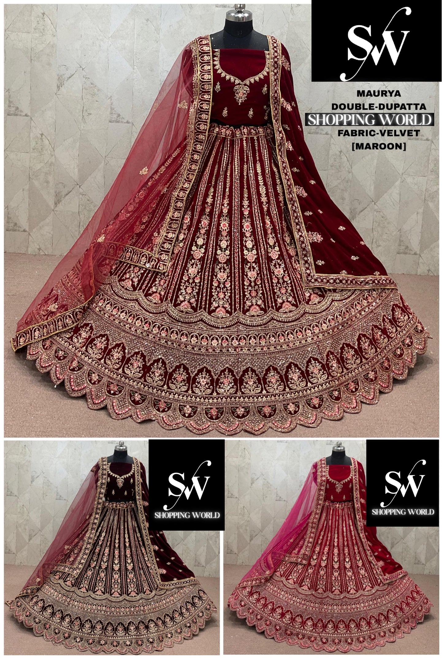 Rani pink Maroon Dark Maroon Velvet Double Dupatta bridal Lehenga - Shopping World