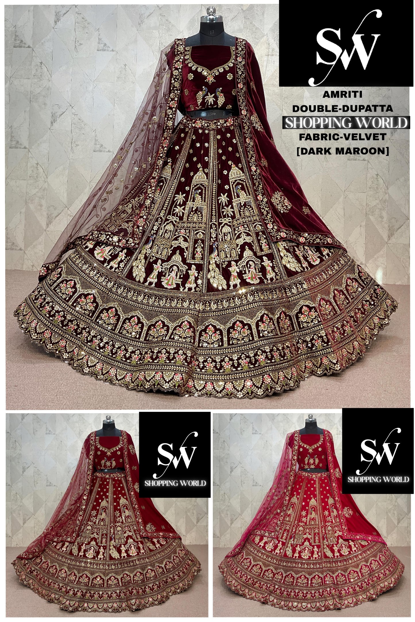 Rani pink Maroon Dark Maroon Peacock Velvet Double Dupatta bridal Lehenga - Shopping World
