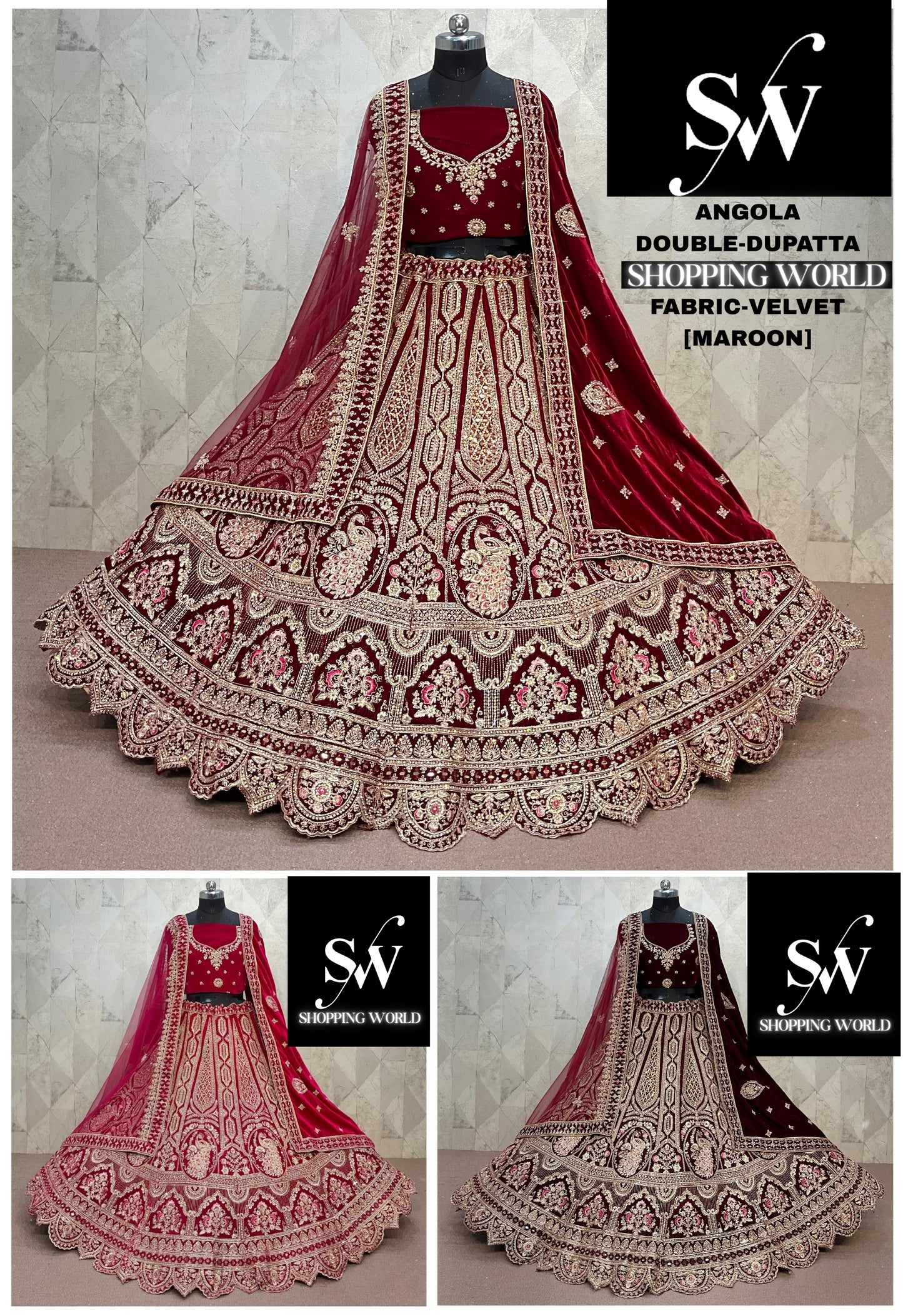 Rani pink Maroon Dark Maroon Peacock Velvet Double Dupatta bridal Lehenga - Shopping World