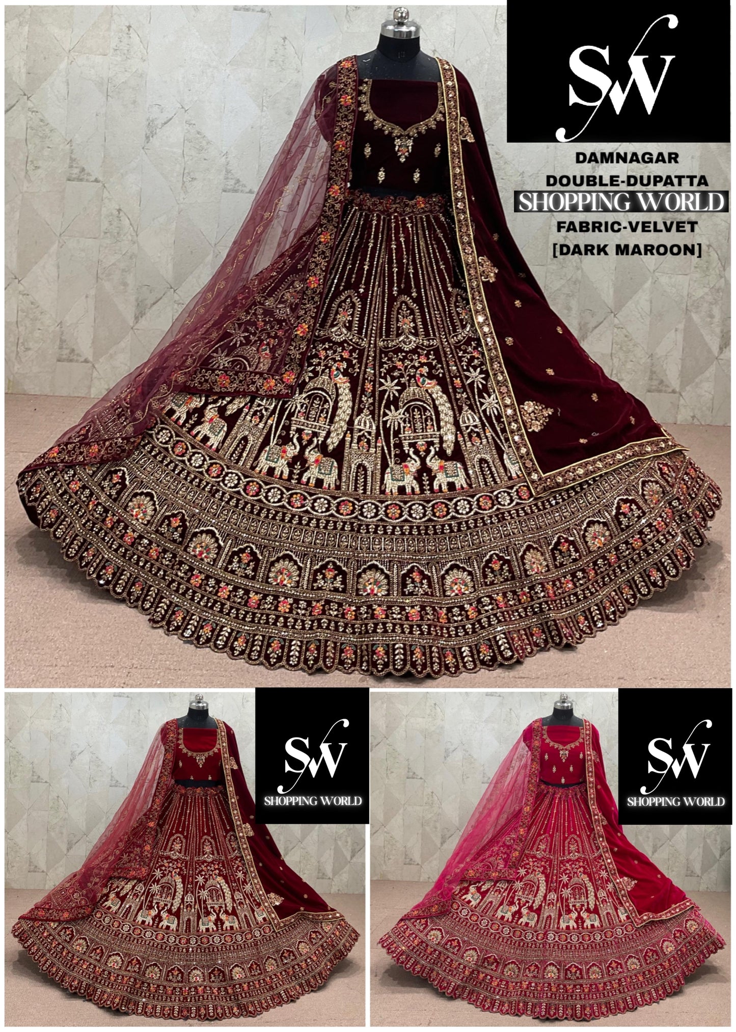 Rani pink Maroon Dark Maroon Peacock Velvet Double Dupatta bridal Lehenga - Shopping World