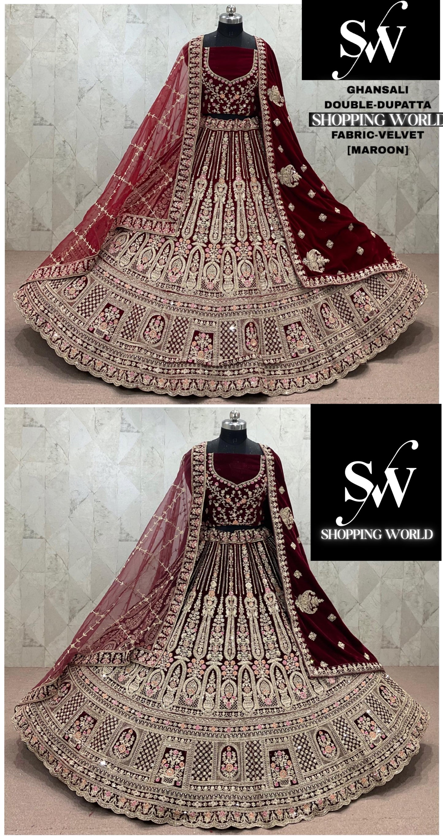Maroon Dark Maroon Velvet Double Dupatta bridal Lehenga - Shopping World