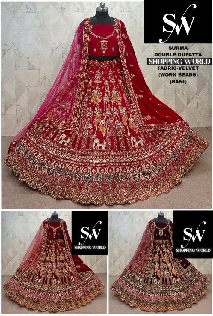 Rani pink Maroon Dark Maroon peacock Velvet Double Dupatta bridal Lehenga - Shopping World