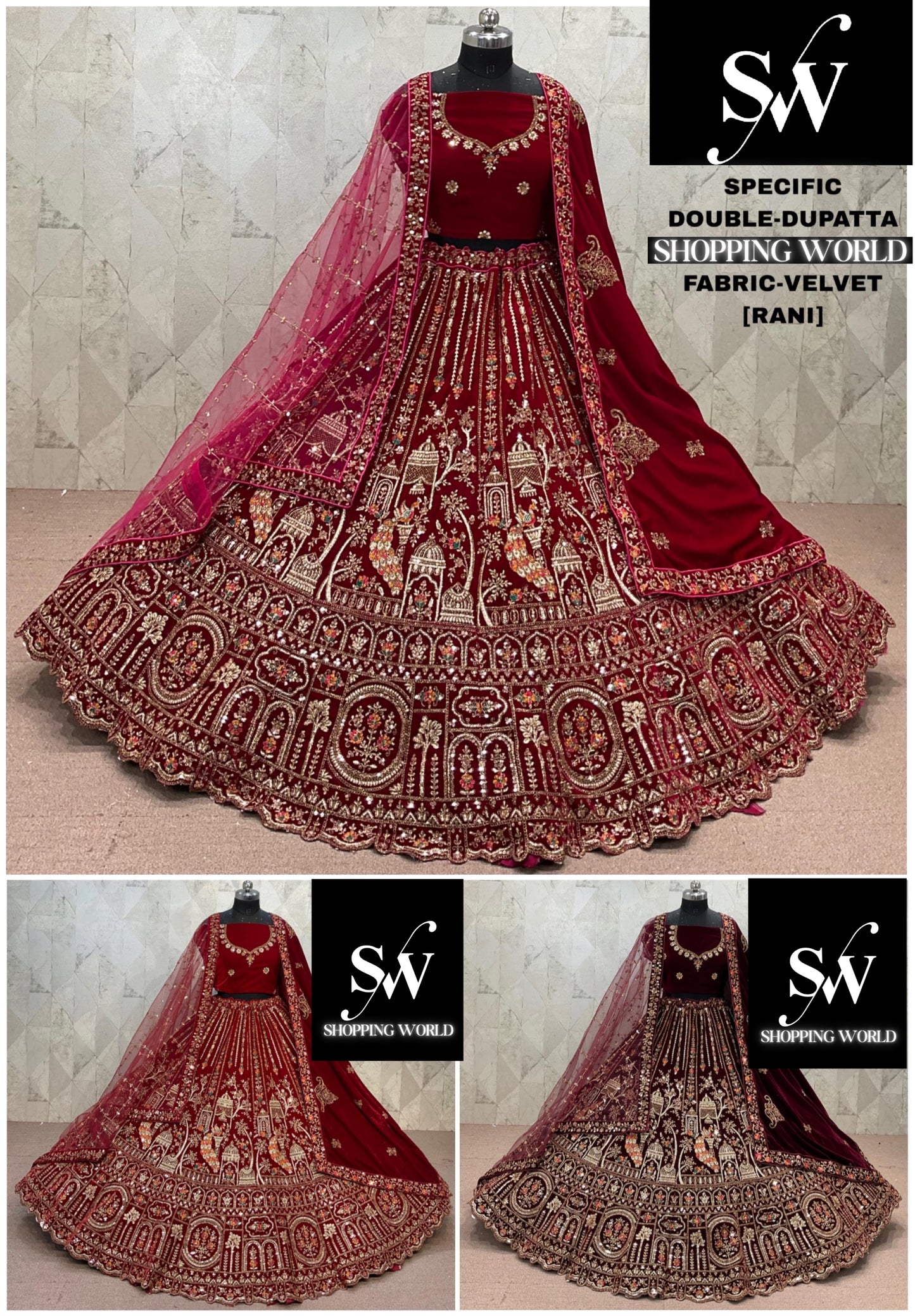 Rani pink Maroon Dark Maroon peacock Velvet Double Dupatta bridal Lehenga - Shopping World