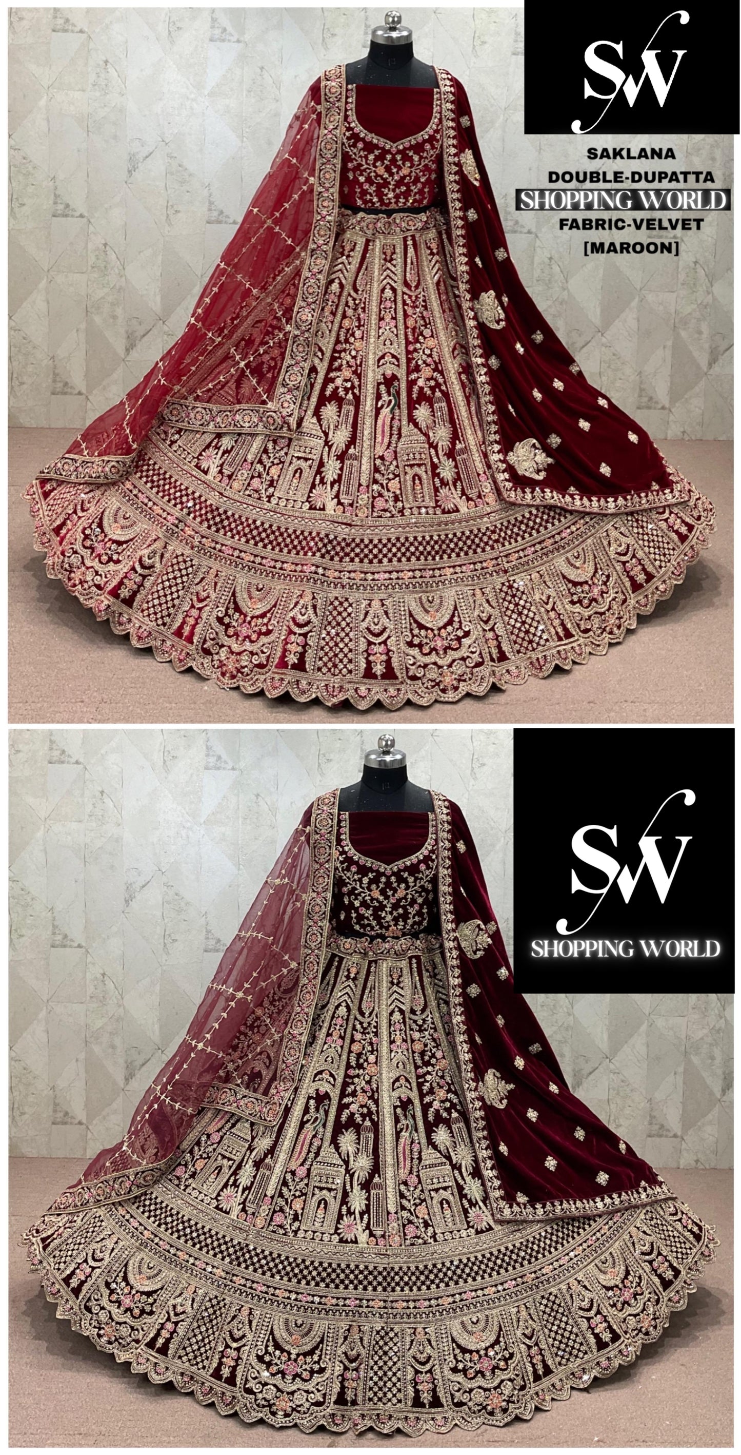 Maroon Dark Maroon Velvet Double Dupatta bridal Lehenga - Shopping World
