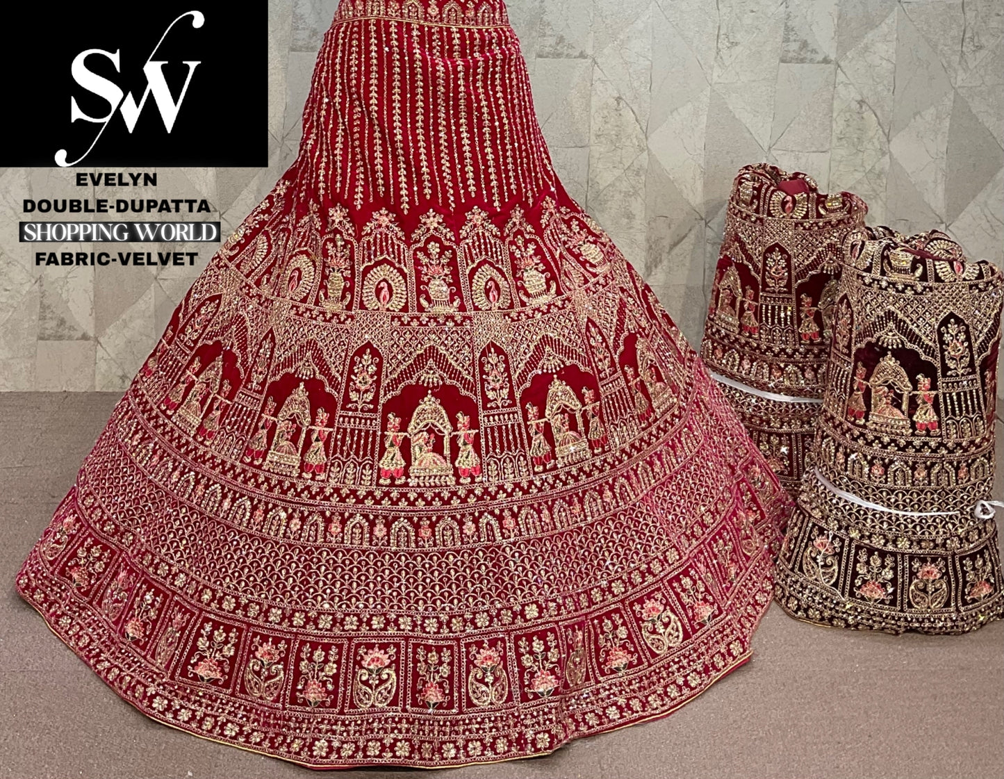 Rani pink Velvet Double Dupatta Doli Barat bridal Lehenga - Shopping World
