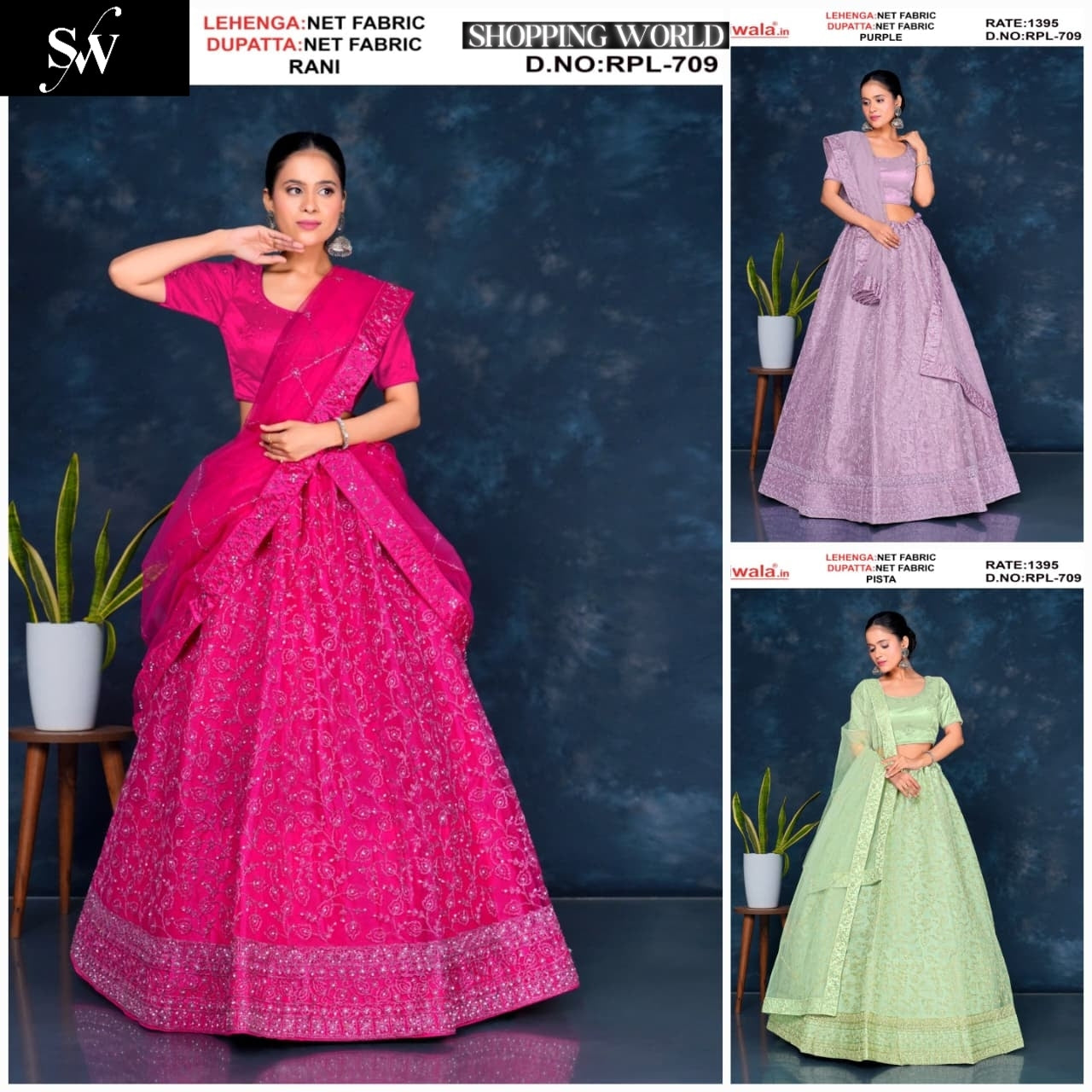 Rani pink Purple Pista green Net Lehenga