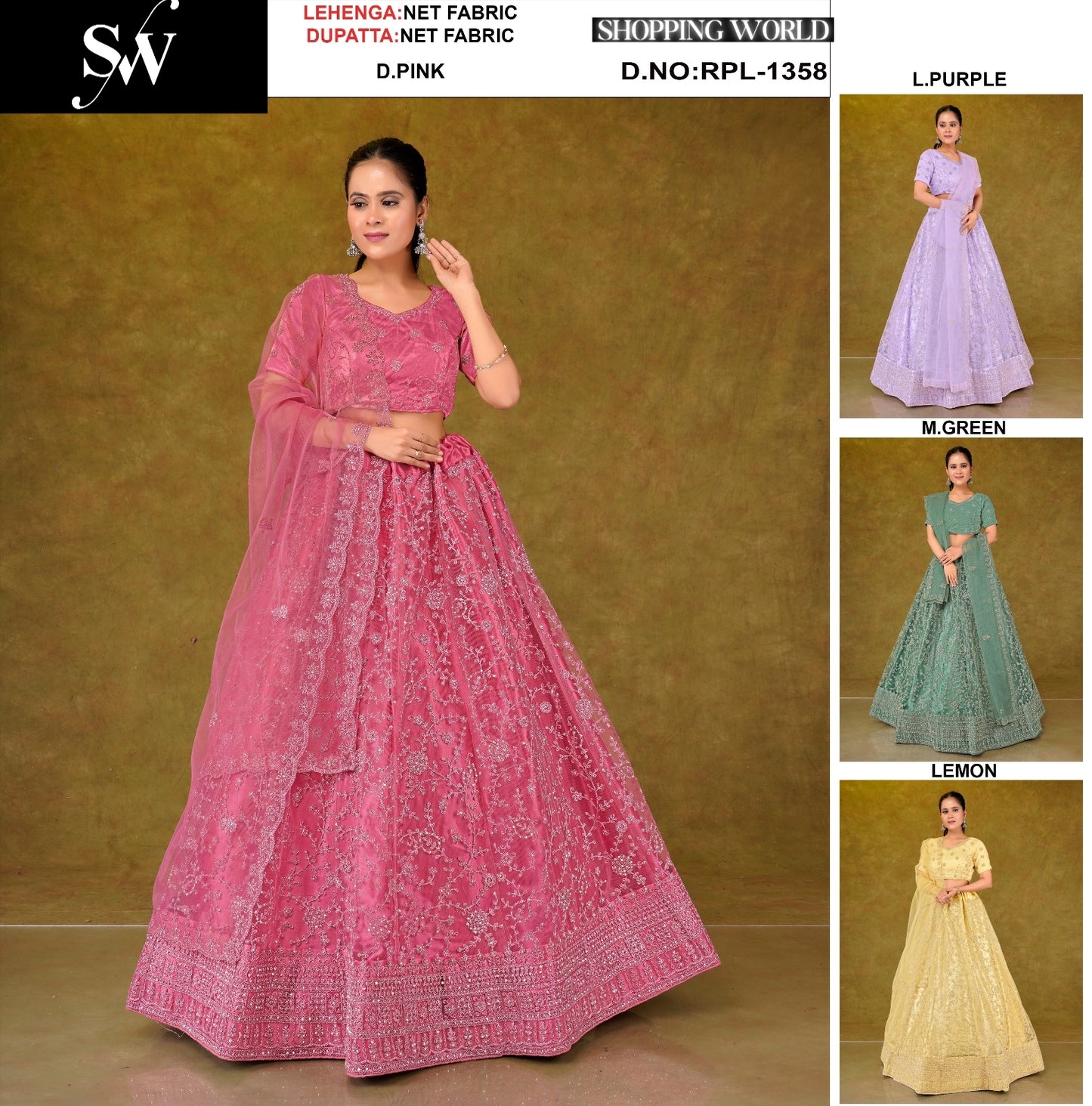 Dark pink Light purple Mint green Lemon yellow Net Lehenga