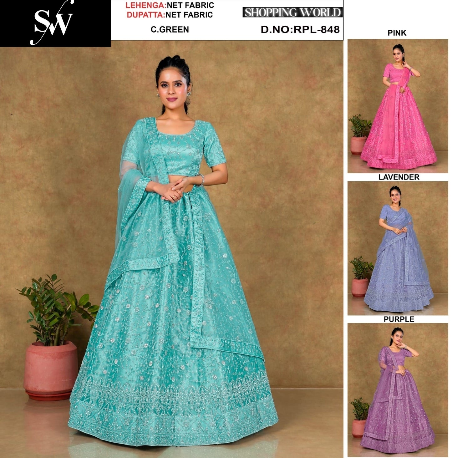 Sea green Pink Lavender Purple Net Lehenga