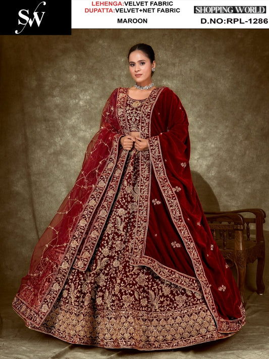 Dark Maroon Velvet Lehenga