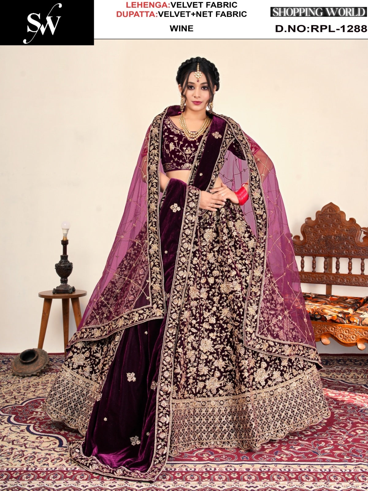 Dark Maroon Velvet Lehenga