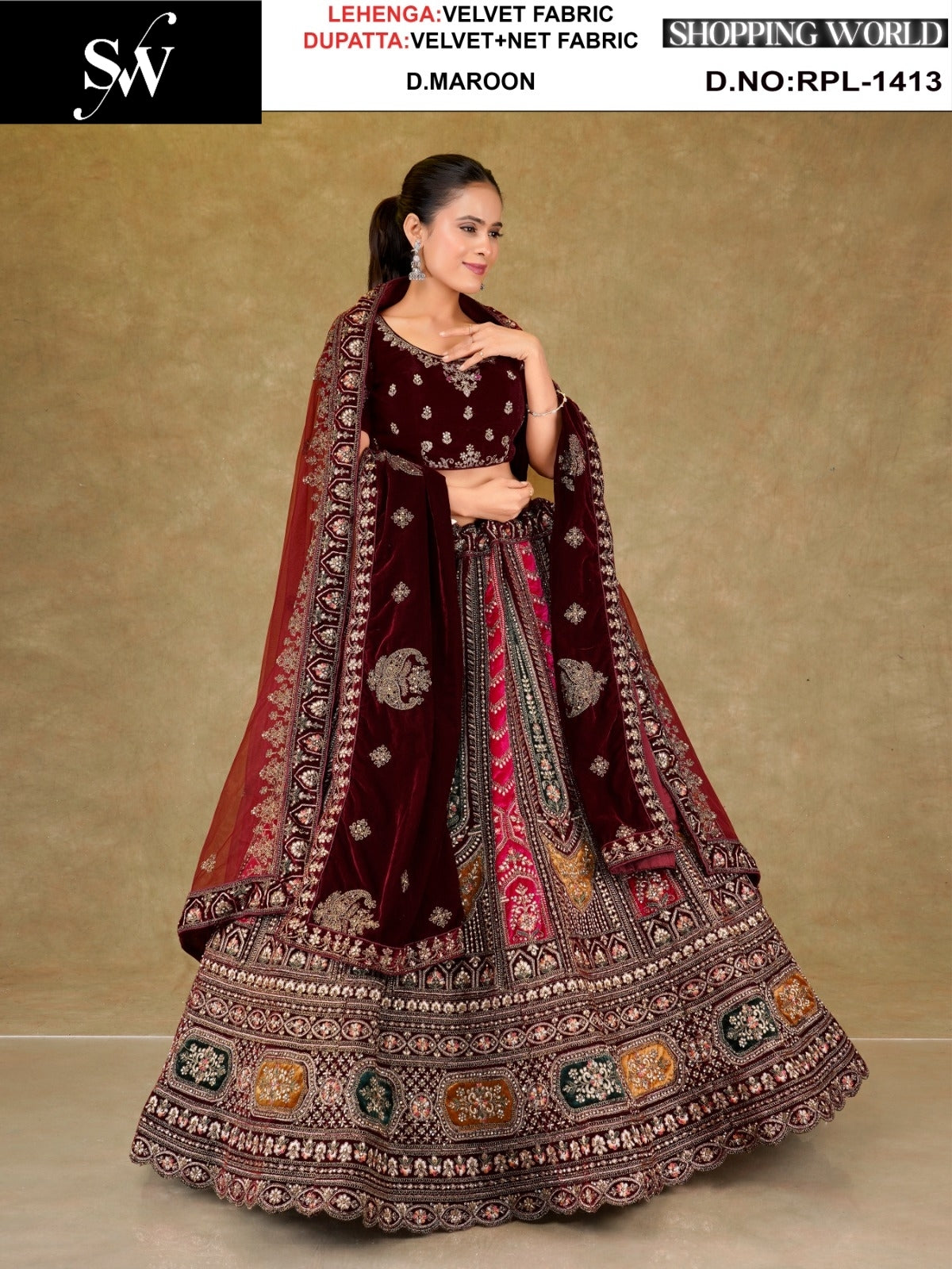 Maroon Velvet Lehenga