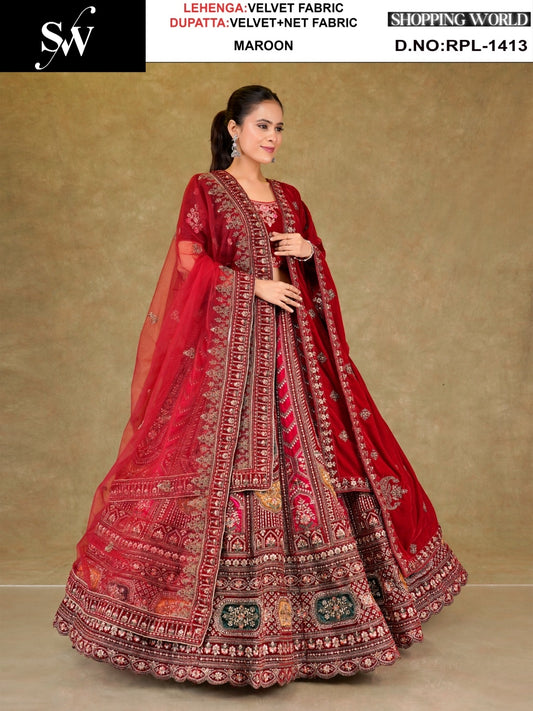 Dark Maroon Velvet Lehenga