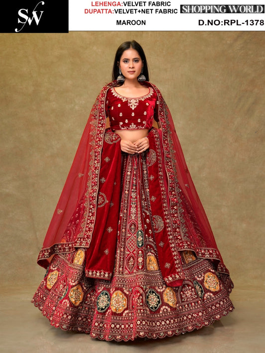 Dark Maroon Velvet Lehenga