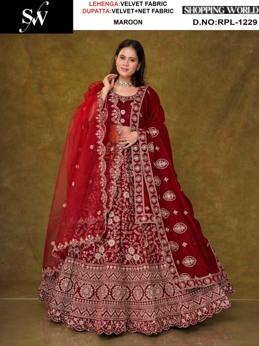 Dark Maroon Velvet Lehenga