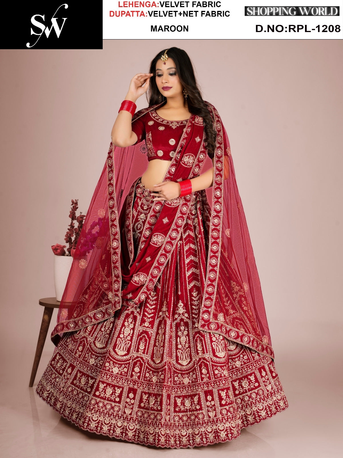 Dark Maroon Velvet Lehenga