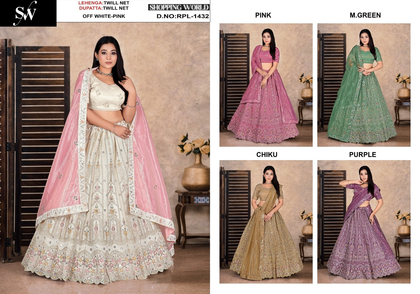 Off White pink Mint green Chiku golden Purple Net Lehenga
