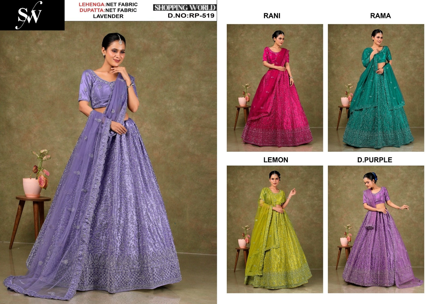 Lavender Rani pink Rama green Lemon green Dark Purple Net Lehenga