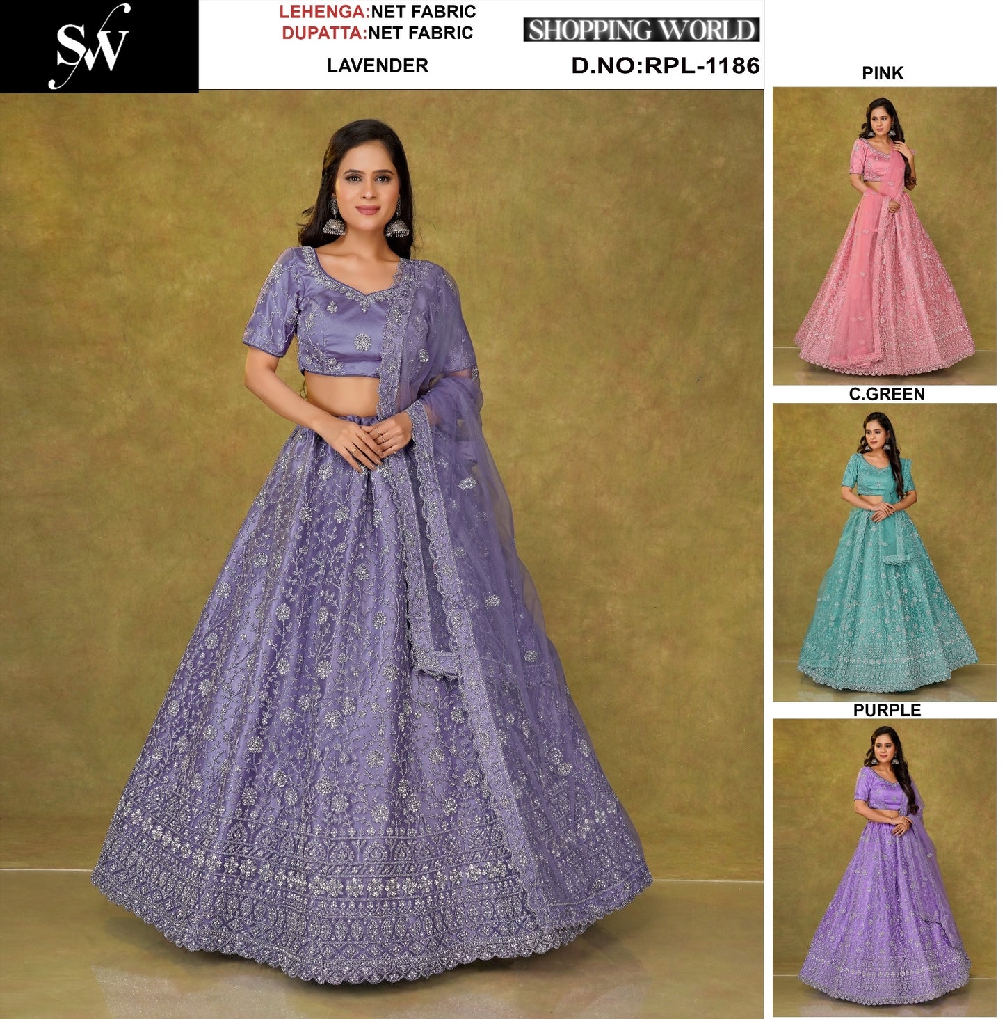 Lavender Pink Sea green Purple Net Lehenga