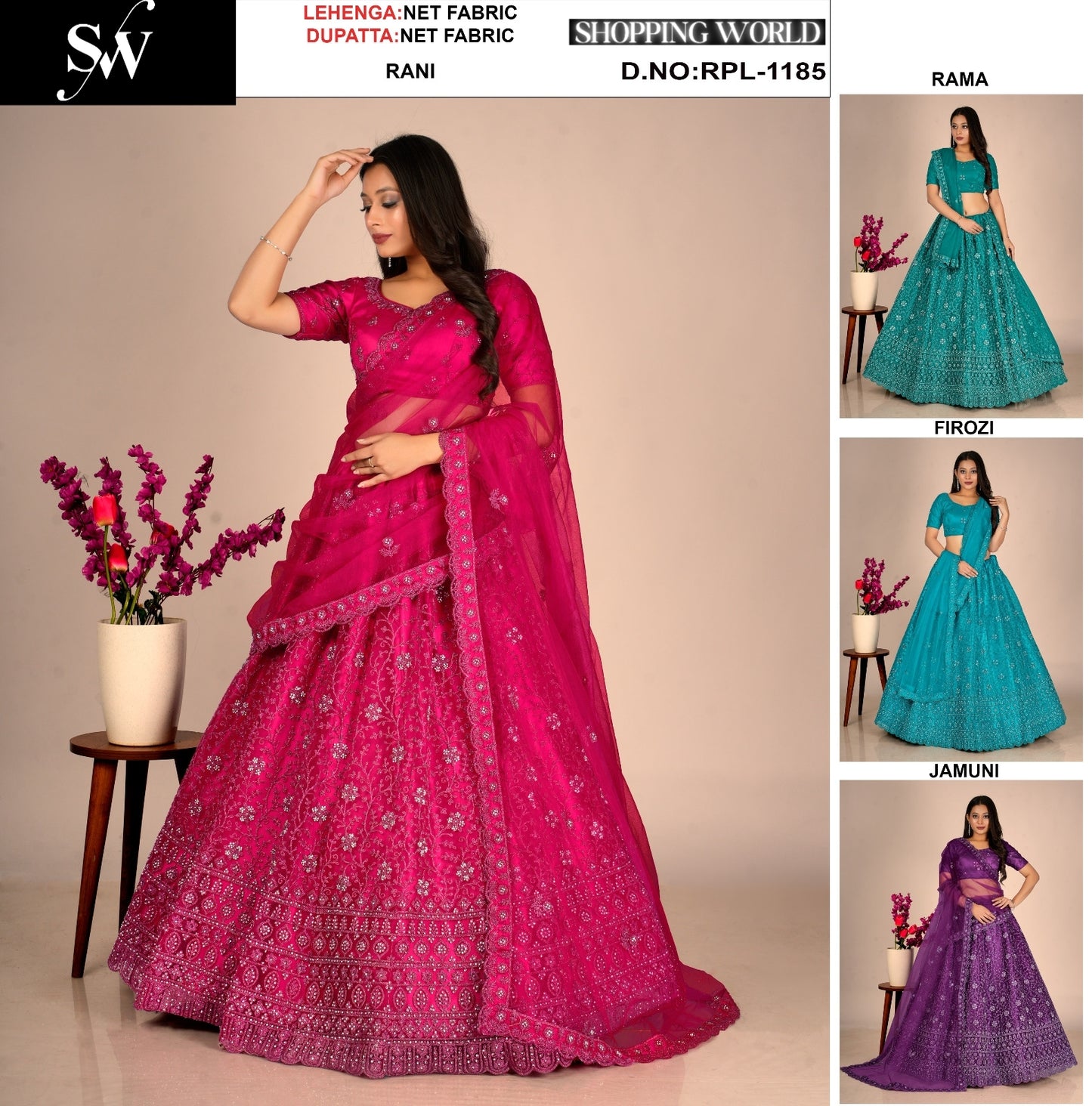 Rani Pink Rama green Firozi Blue Jamuni purple Net Lehenga