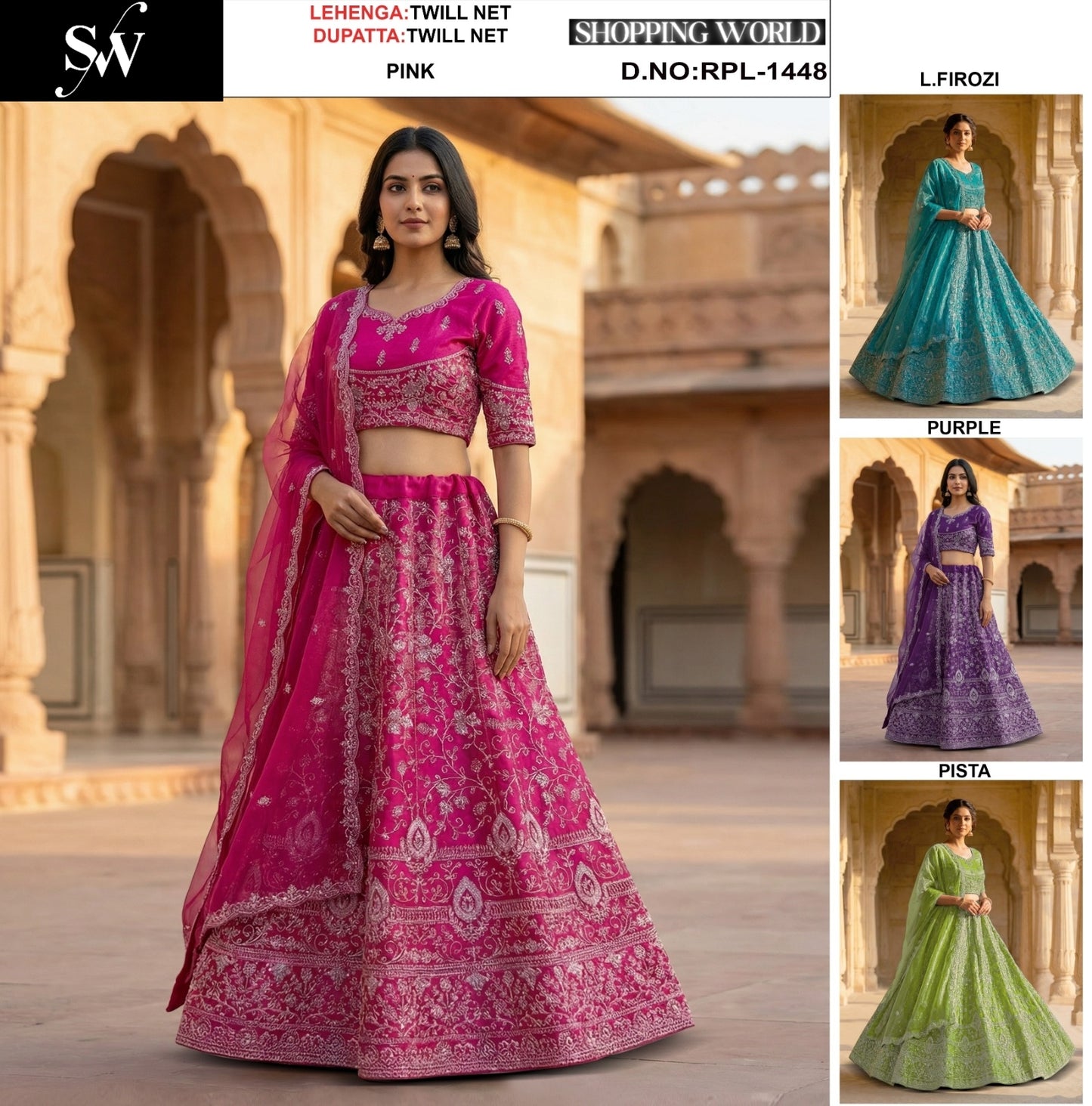 Pink Purple Light Firozi Pista green Net Lehenga