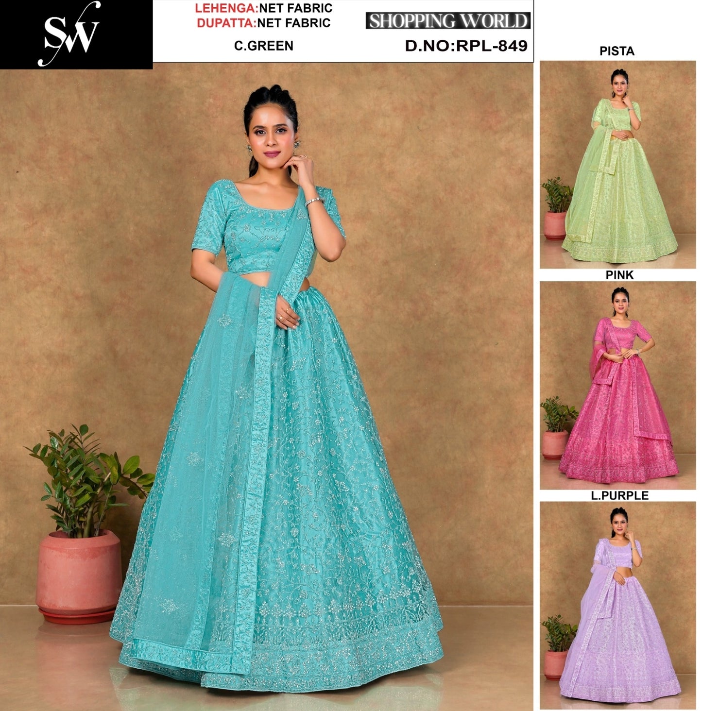 Sea green pista green pink Light Purple Net Lehenga