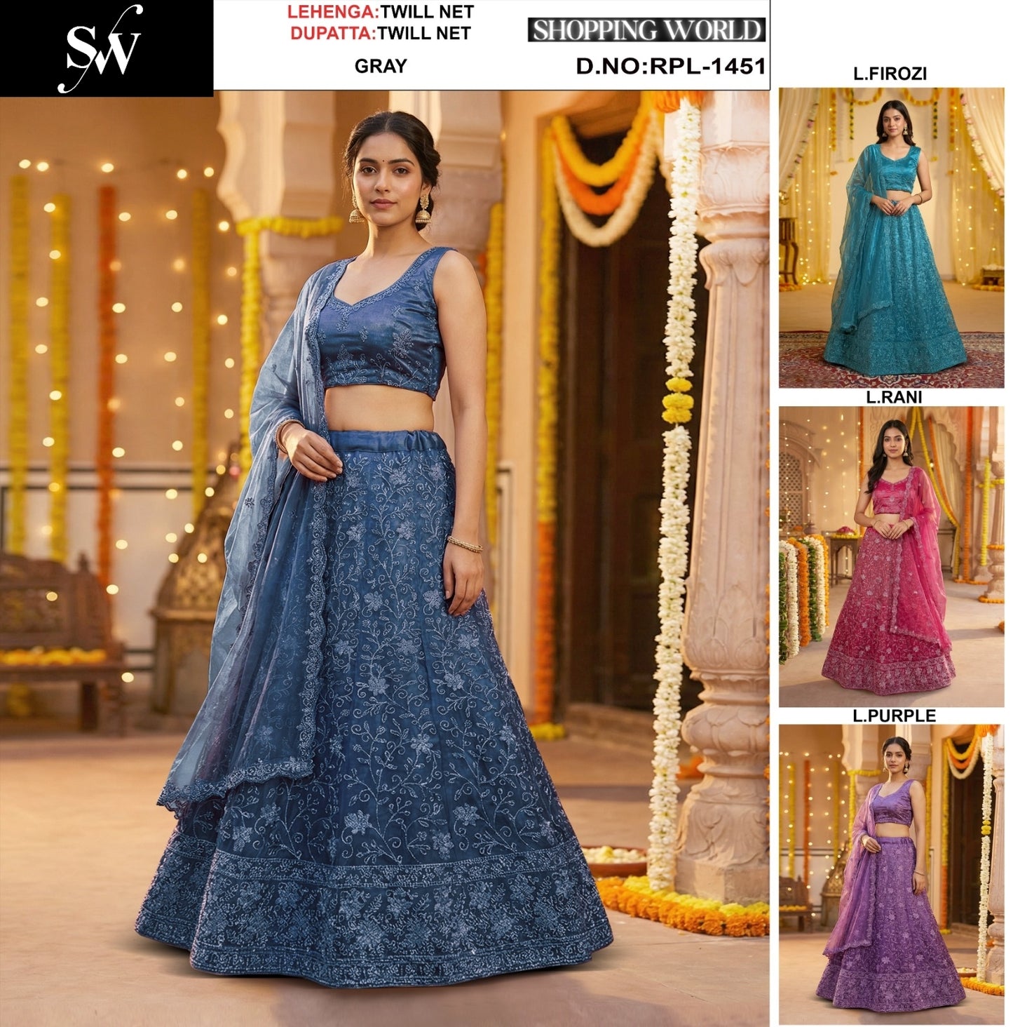Dark Blue Light Purple Light Firozi Blue Light Rani pink Twill Net Lehenga
