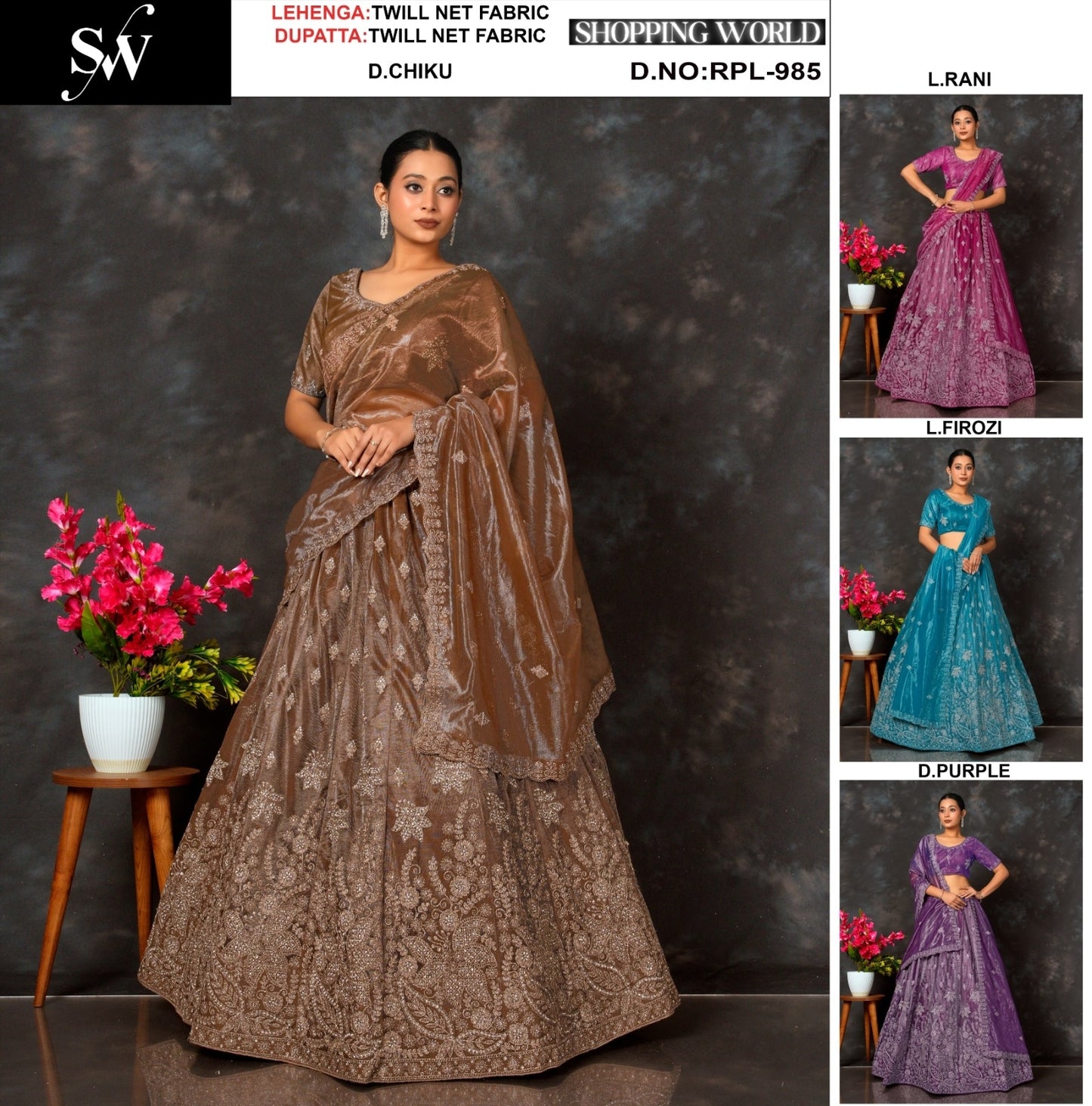 Dark Chiku golden Light Rani pink Light Firozi Dark Purple Twill Net Lehenga