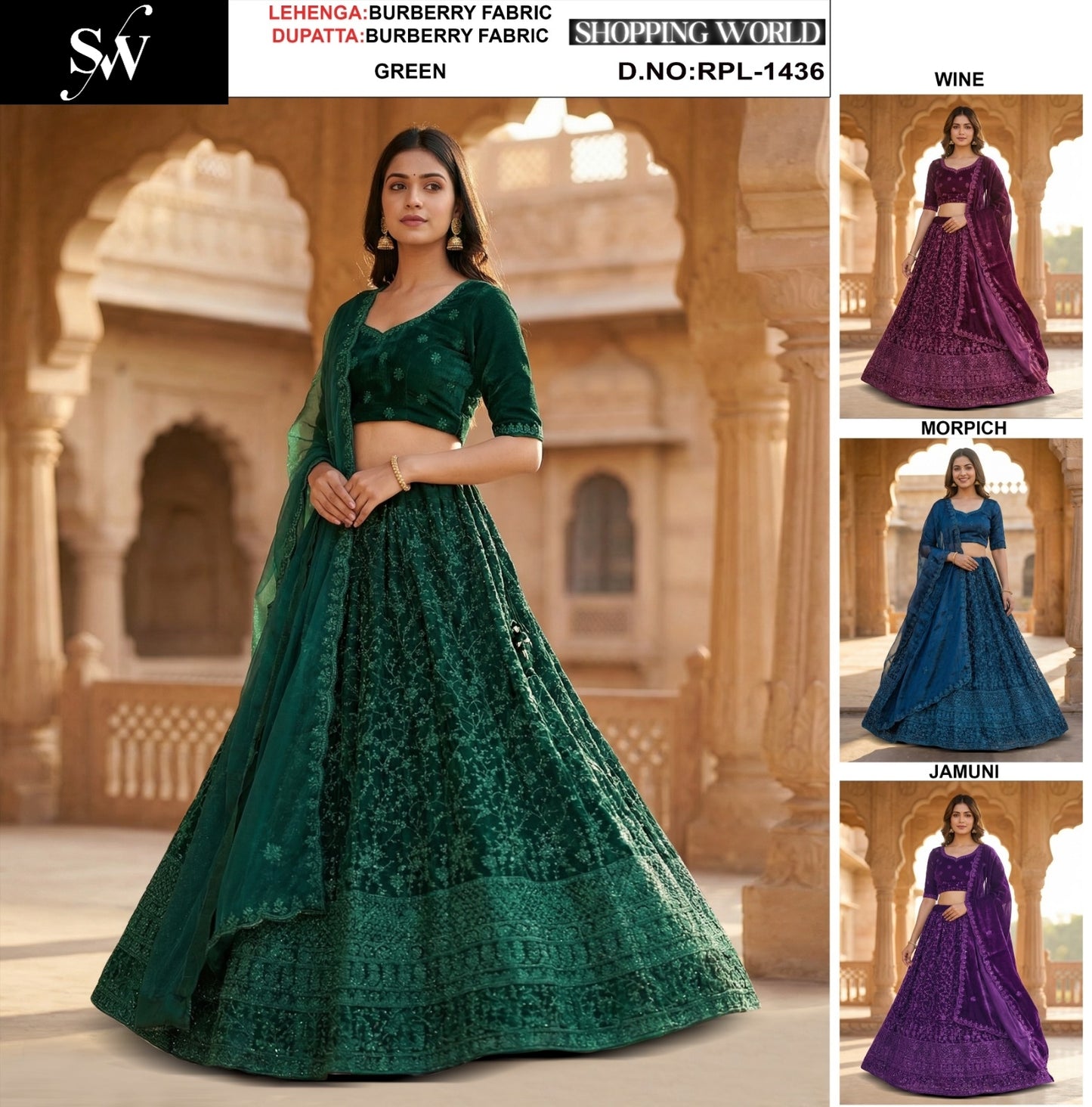 green wine Morpich Blue Jamuni Purple Net Lehenga
