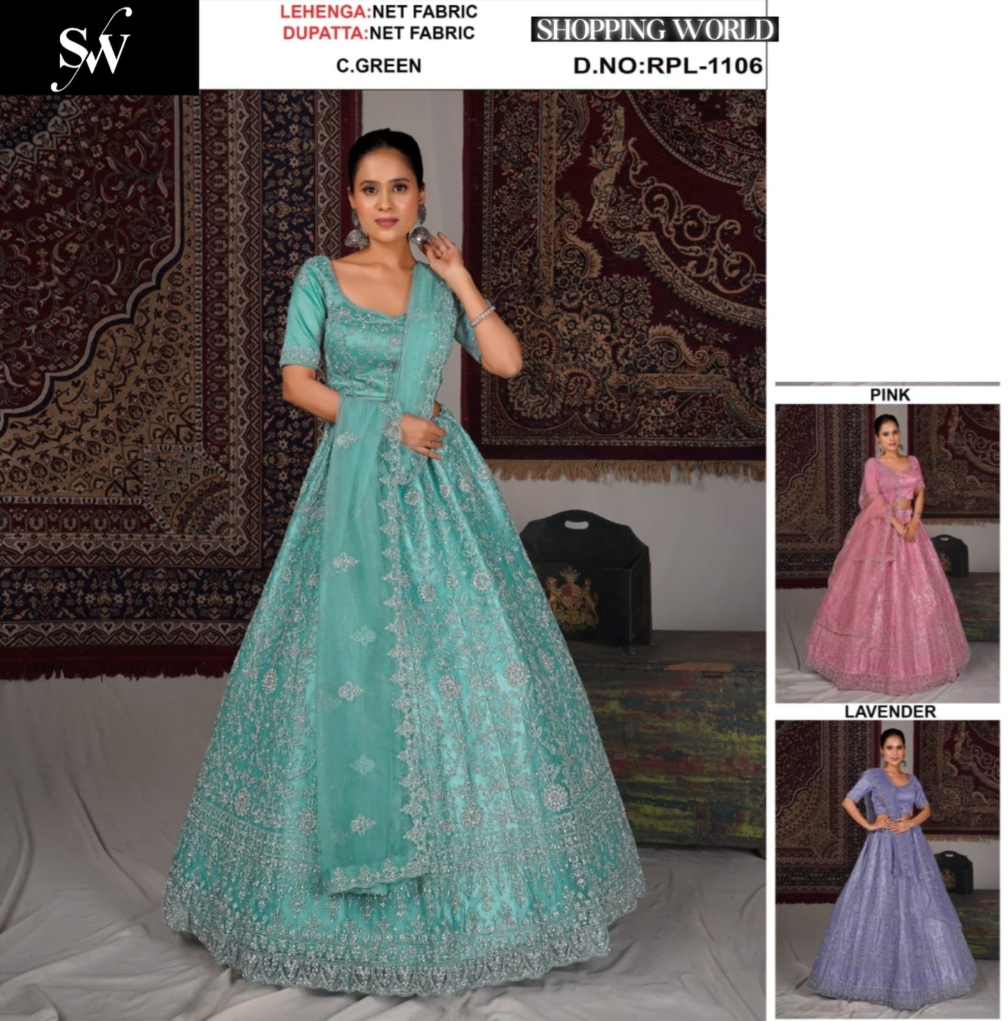 Sea green pink Lavender Net Lehenga