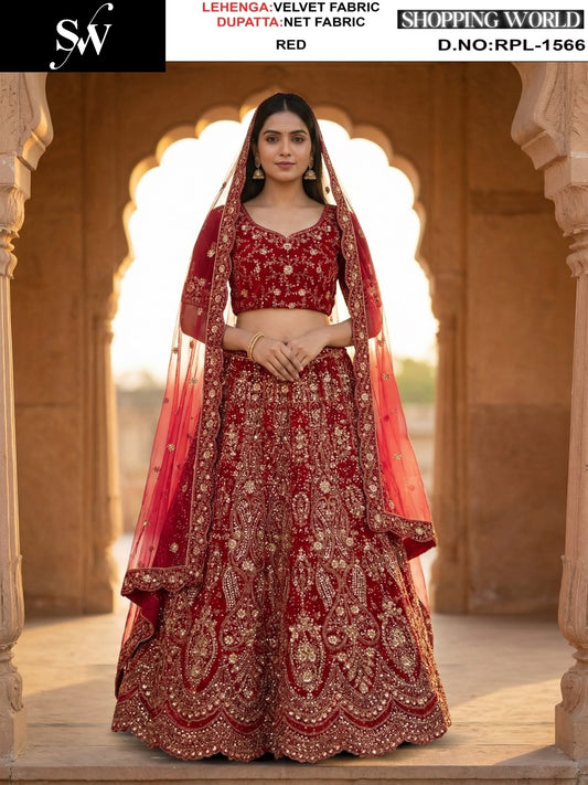 Rama green Velvet Lehenga - Shopping World