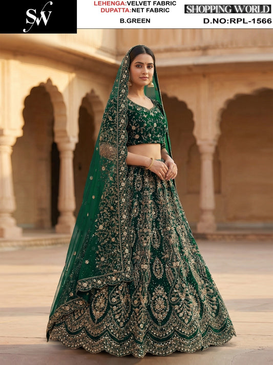 Rama green Velvet Lehenga - Shopping World