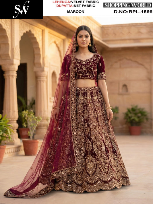 Rama green Velvet Lehenga - Shopping World