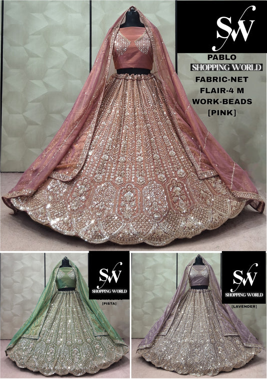 Pink pista green Lavender Net Lehenga