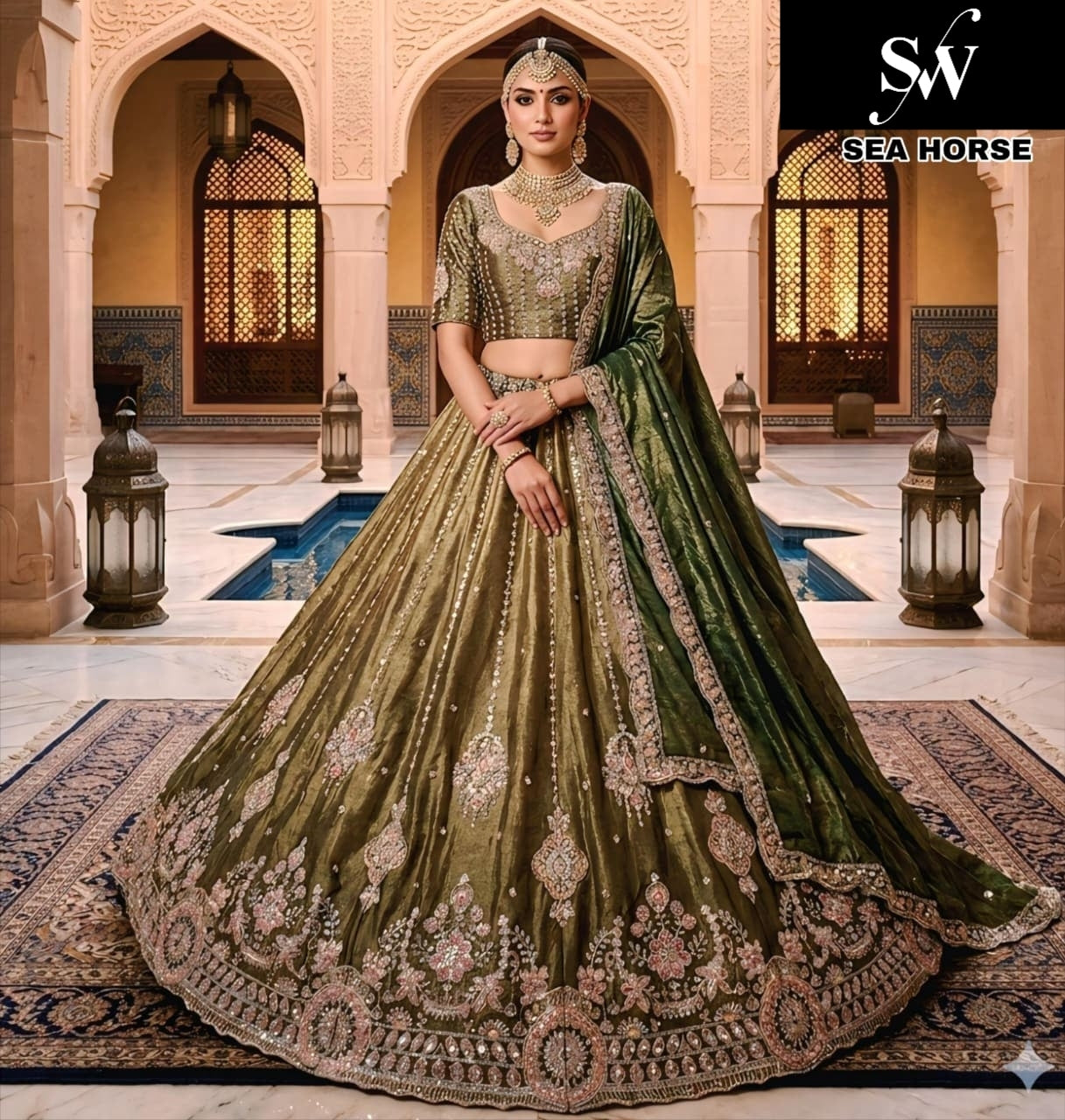 Wine Maroon Rust Orange Morpich Blue Mehendi Green Lehenga