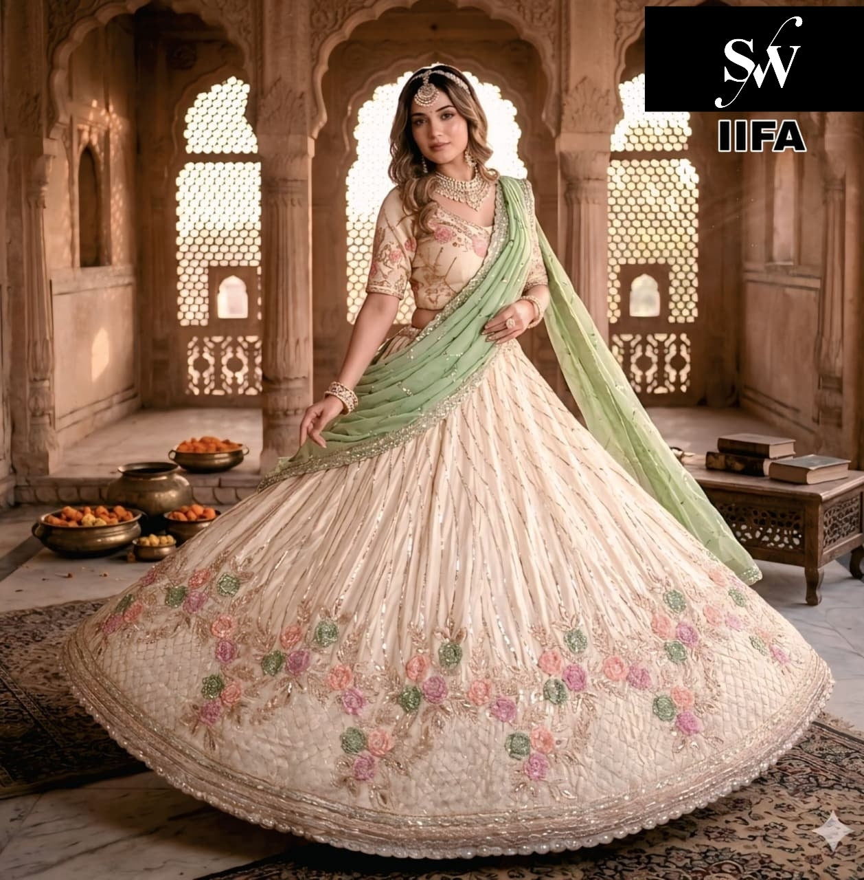 Peach pista green pink Lehenga