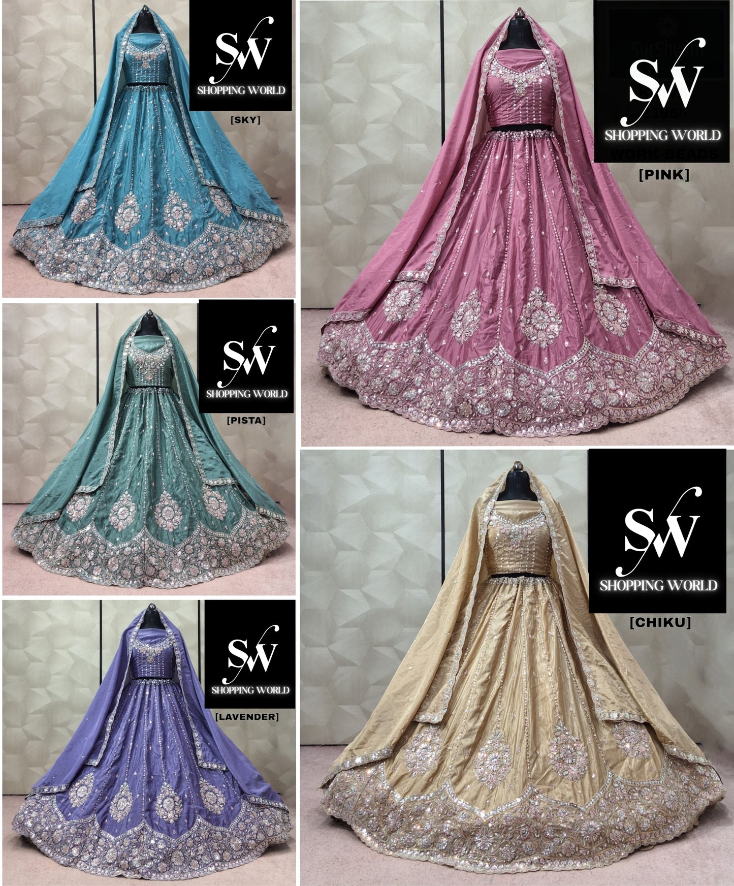 Pink Sky Blue Pista green Lavender Chiku Golden Lehenga