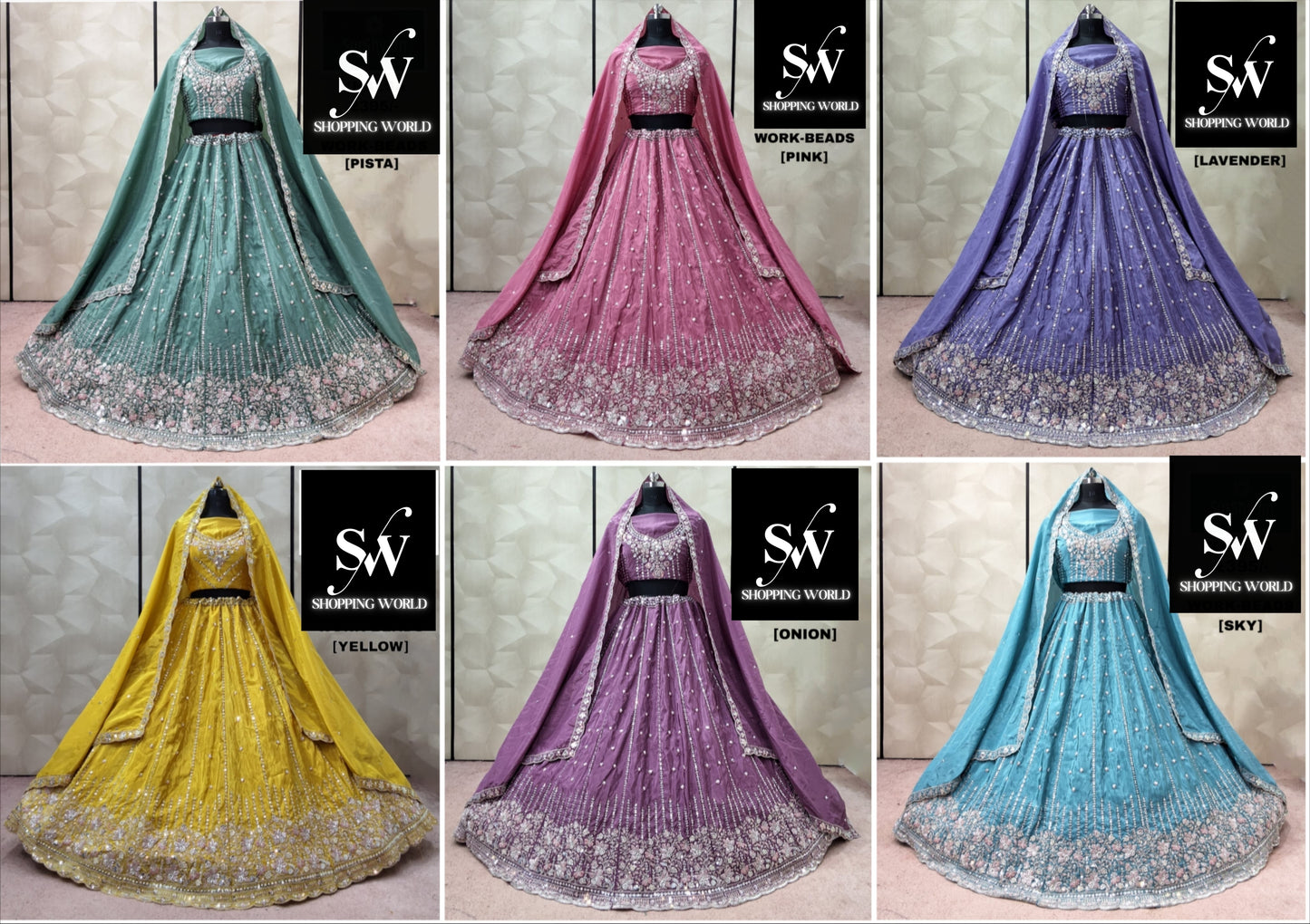 Pista green Pink Lavender Yellow Haldi Mehendi Onion pink Sky blue Lehenga