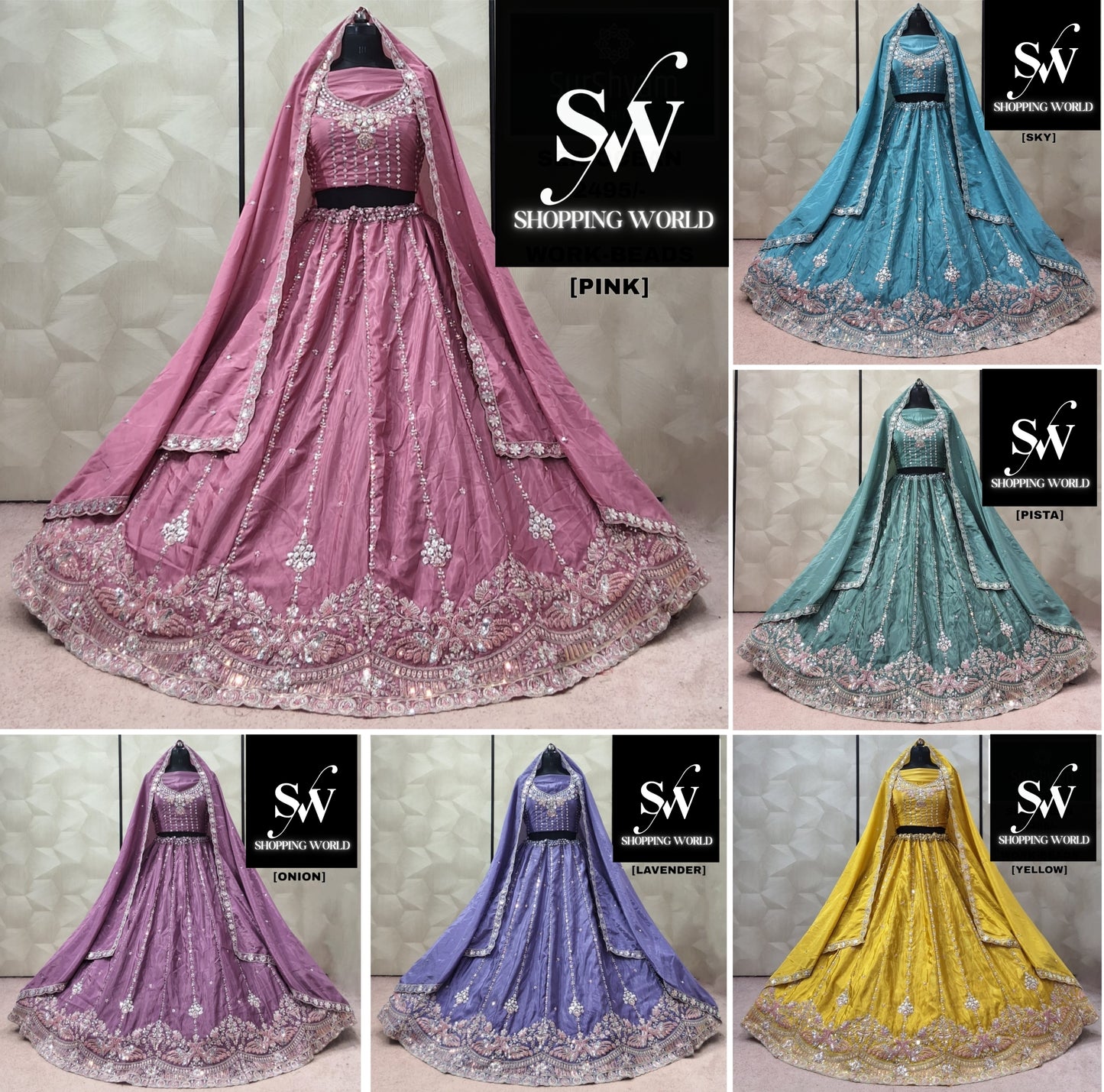 Pink Sky blue Pista green Onion pink Lavender Yellow haldi mehendi Lehenga