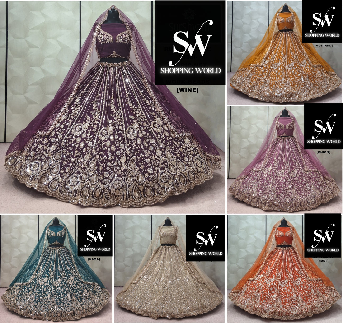 Wine Mustard Onion pink Rama green Chiku Golden Rust Orange Lehenga