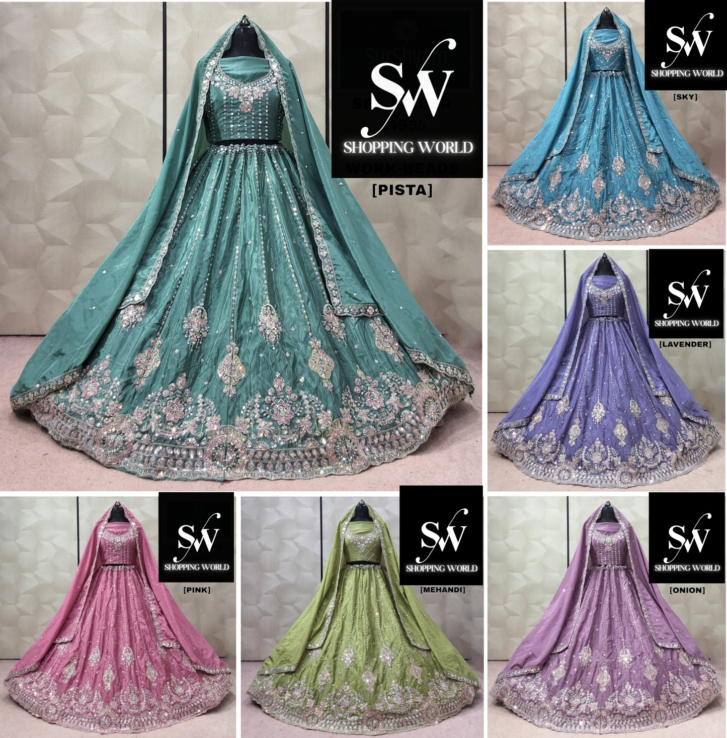 Pista Green Sky blue Lavender Onion pink Mehendi green Pink Lehenga