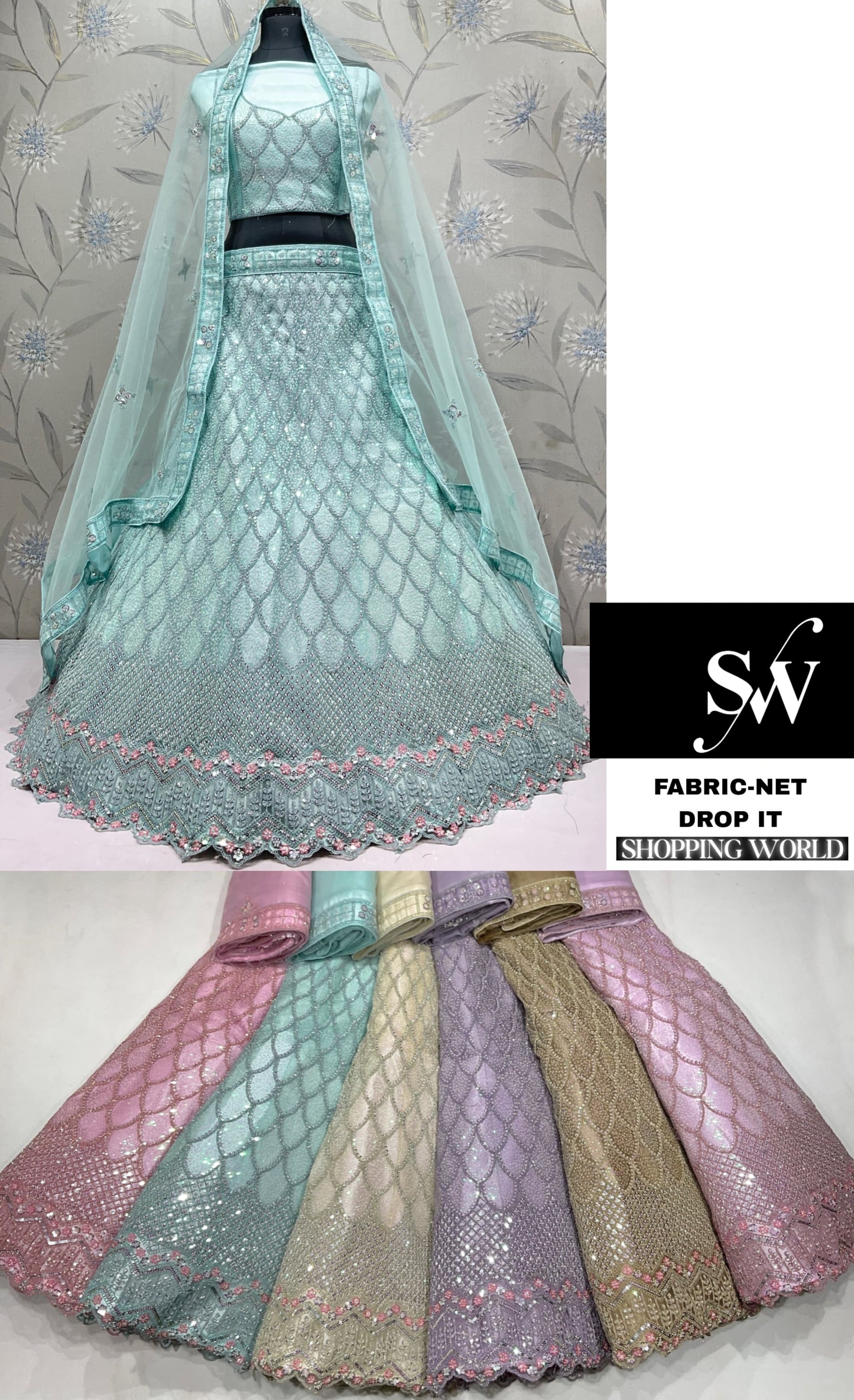 Sky Blue Chiku Golden Lavender pink Net Lehenga