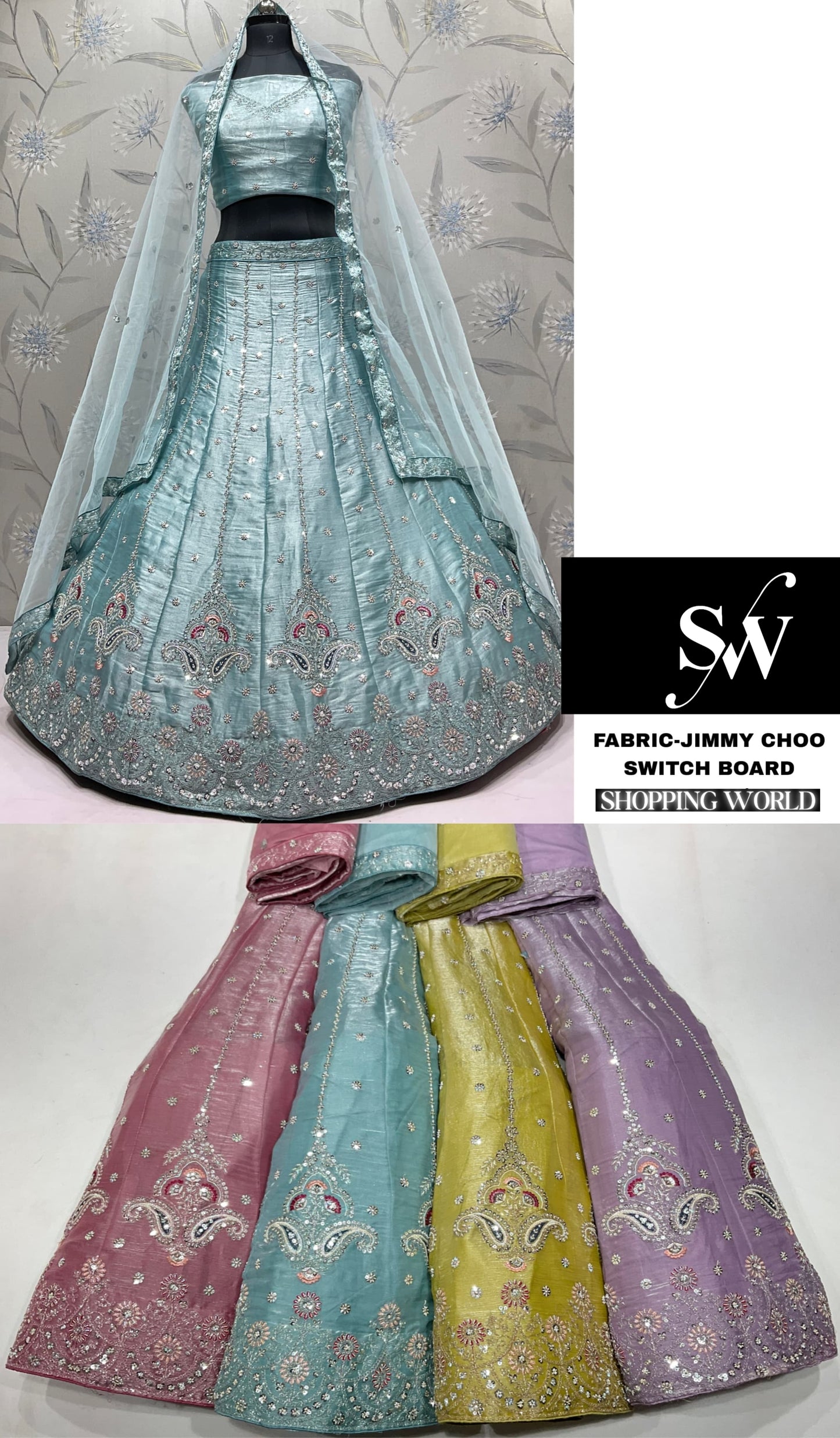 Sky Blue Pink Lavender Yellow Peacock Jimmy Choo Lehenga